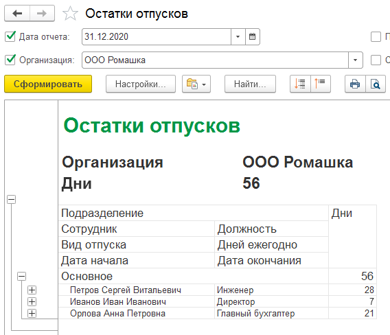 Инвентаризация отпусков на конец года образец